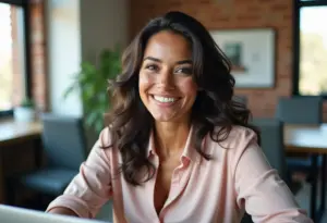 Mulher brasileira sorrindo em videochamada de trabalho.
