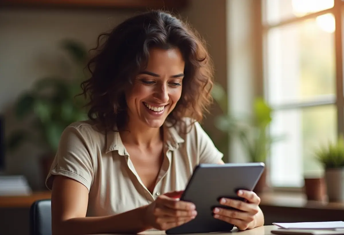 Mulher brasileira sorrindo enquanto consulta débitos MEI no tablet.