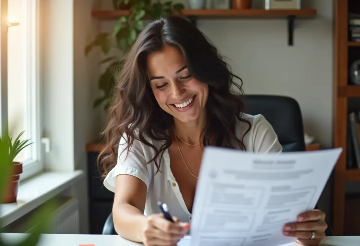 Mulher brasileira sorrindo enquanto organiza as finanças do seu MEI