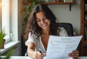 MEI: O guia definitivo para organizar suas finanças e prosperar Mulher brasileira sorrindo enquanto organiza as finanças do seu MEI