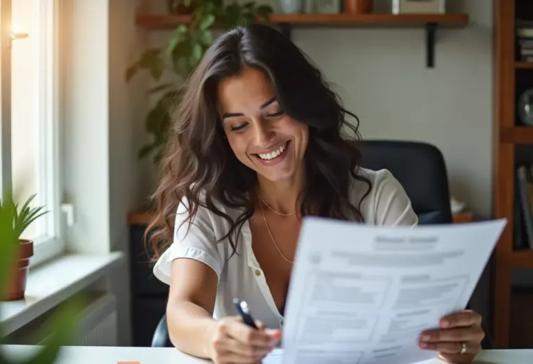 Mulher brasileira sorrindo enquanto organiza as finanças do seu MEI