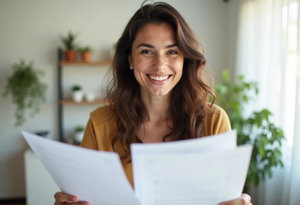 Mulher brasileira sorrindo enquanto organiza documentos MEI.