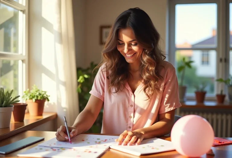 Mulher brasileira sorrindo enquanto organiza materiais de festa em escritório.