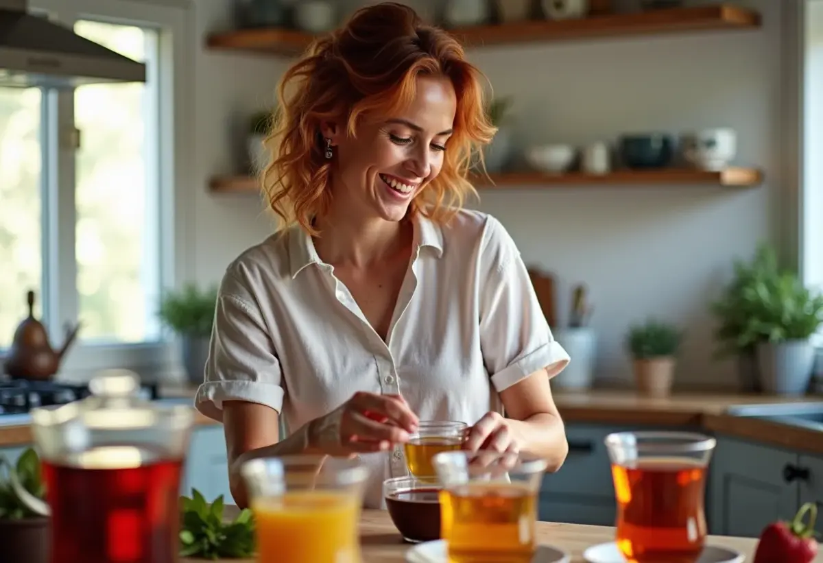 Mulher brasileira sorrindo enquanto prepara chás para desinchar
