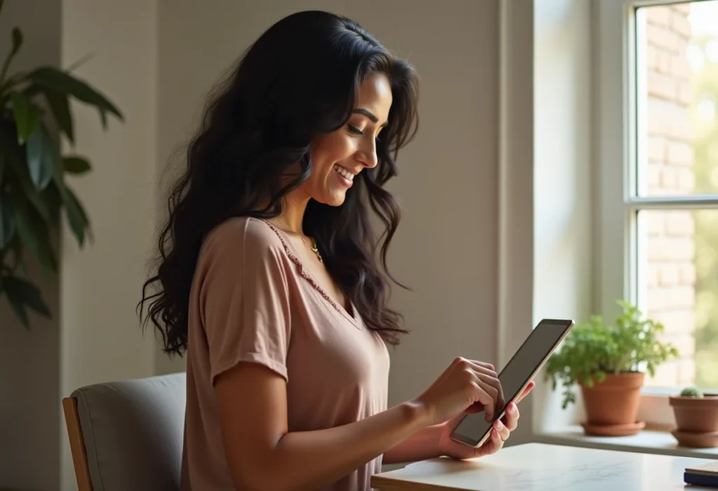 Mulher brasileira sorrindo satisfeita analisando feedback de clientes em tablet.