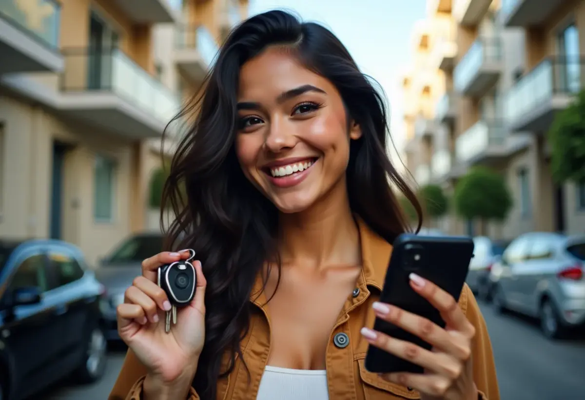 Mulher brasileira sorrindo segurando chave de carro e celular