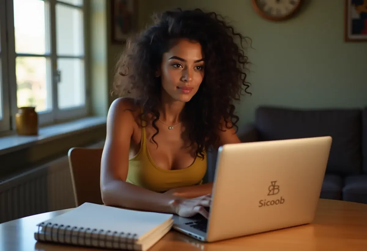 Mulher brasileira usando notebook para consulta MEI no Sicoob