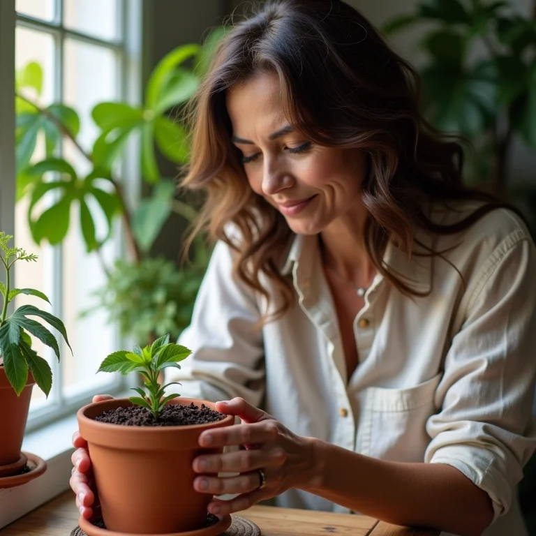 Mulher Checando Umidade do Solo do Copo de Leite