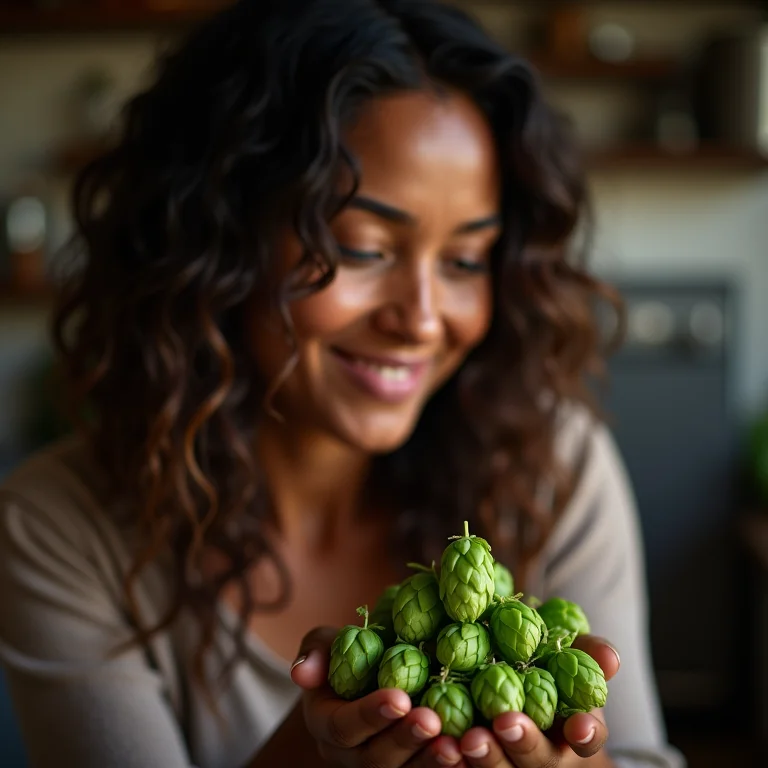 Mulher cheirando lúpulo fresco em cervejaria artesanal.