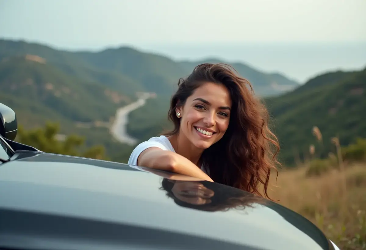 Mulher confiante revisando o carro antes da viagem