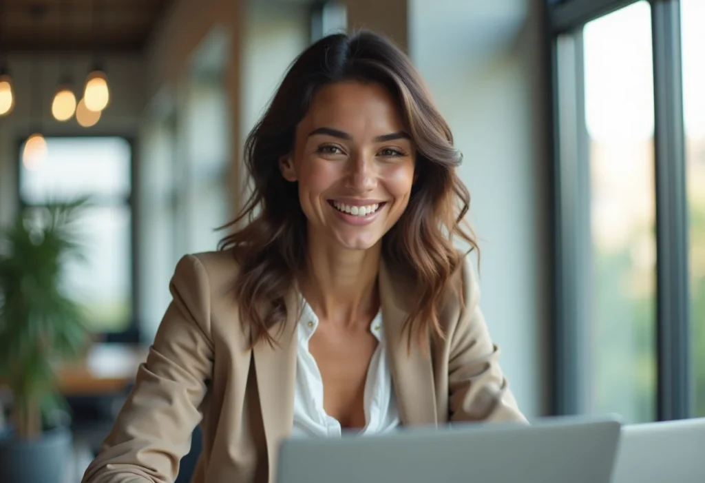 Mulher confiante trabalhando em landing page