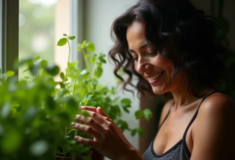 Mulher cuidando de horta em apartamento