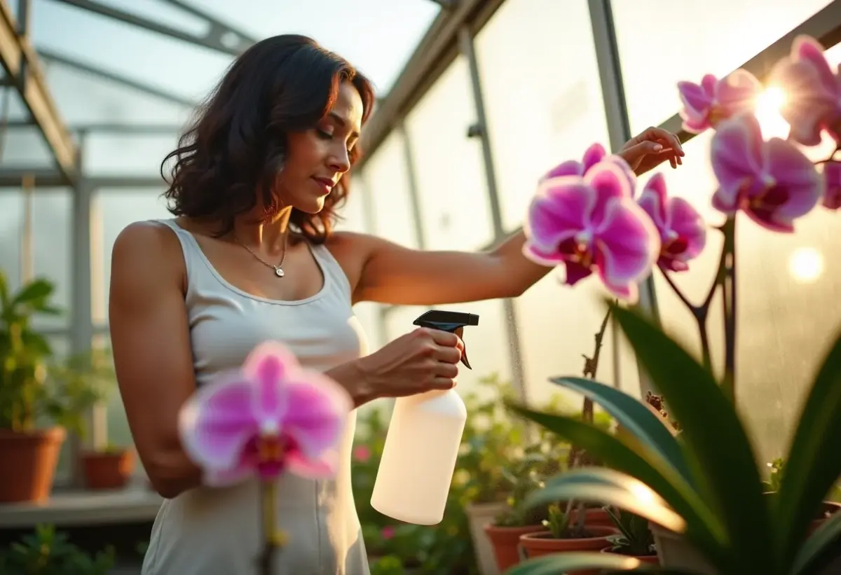 Mulher cuidando de orquídeas em estufa ensolarada