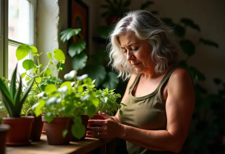 Mulher cuidando de plantas em apartamento ensolarado