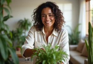 Mulher cuidando de plantas em casa