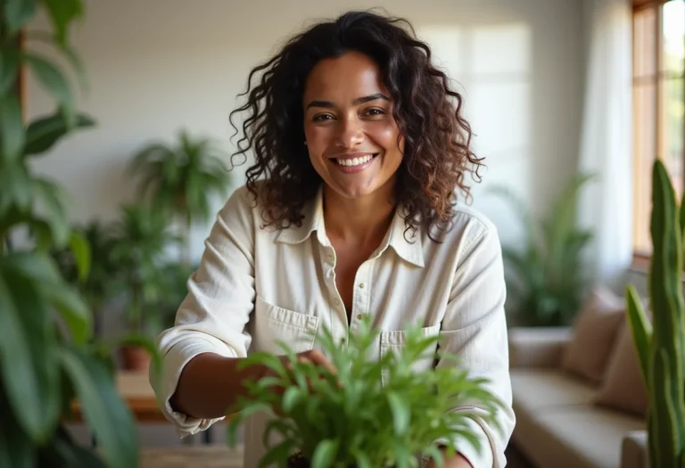 Mulher cuidando de plantas em casa