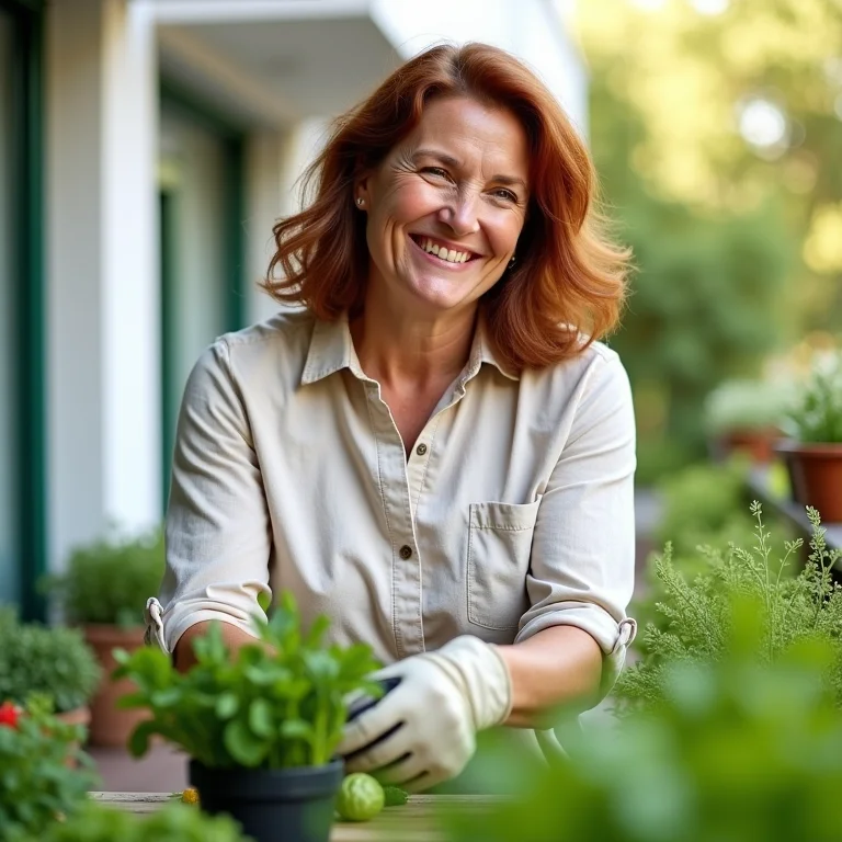 Mulher cuidando de sua horta de salsinha e cebolinha.