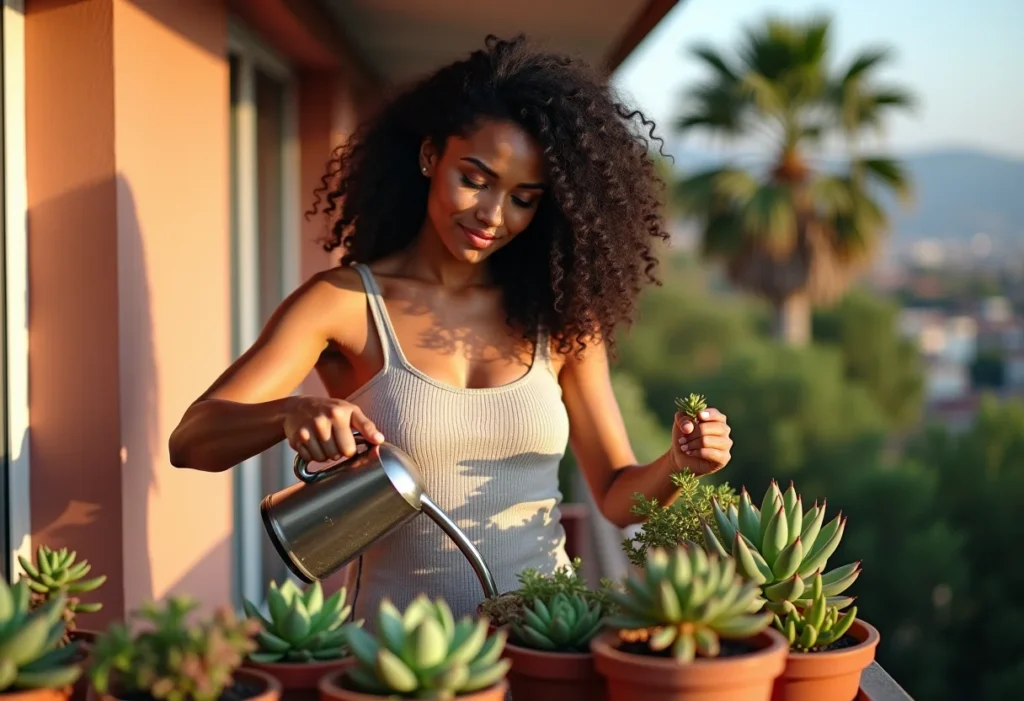 Mulher cuidando de suculentas em varanda ensolarada