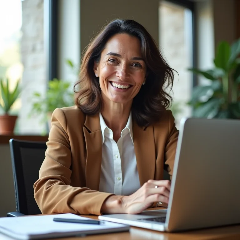 Mulher de meia-idade em videochamada com consultor do SEBRAE sobre registro de marca
