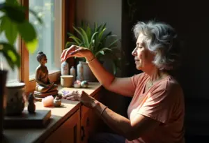 Mulher de meia-idade organizando objetos de santuário pessoal