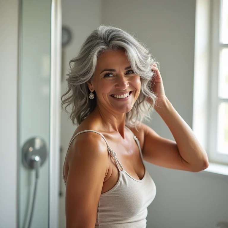 Mulher de meia-idade, pele clara, cabelo grisalho, hidratando os cabelos.