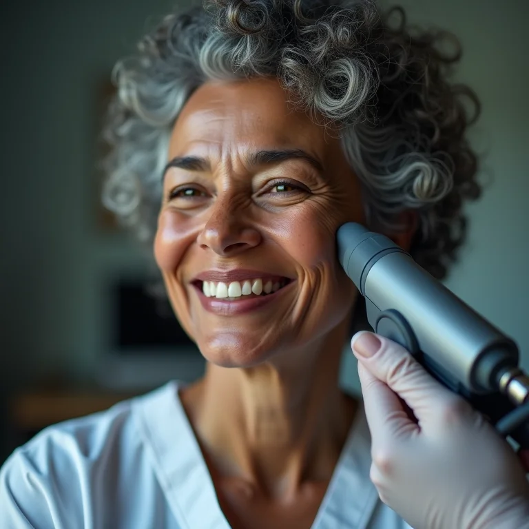 Mulher de meia-idade recebendo tratamento com ultrassom microfocado