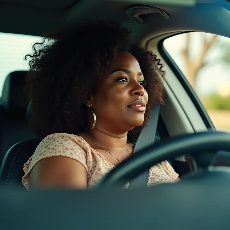 Mulher dirigindo carro com segurança.