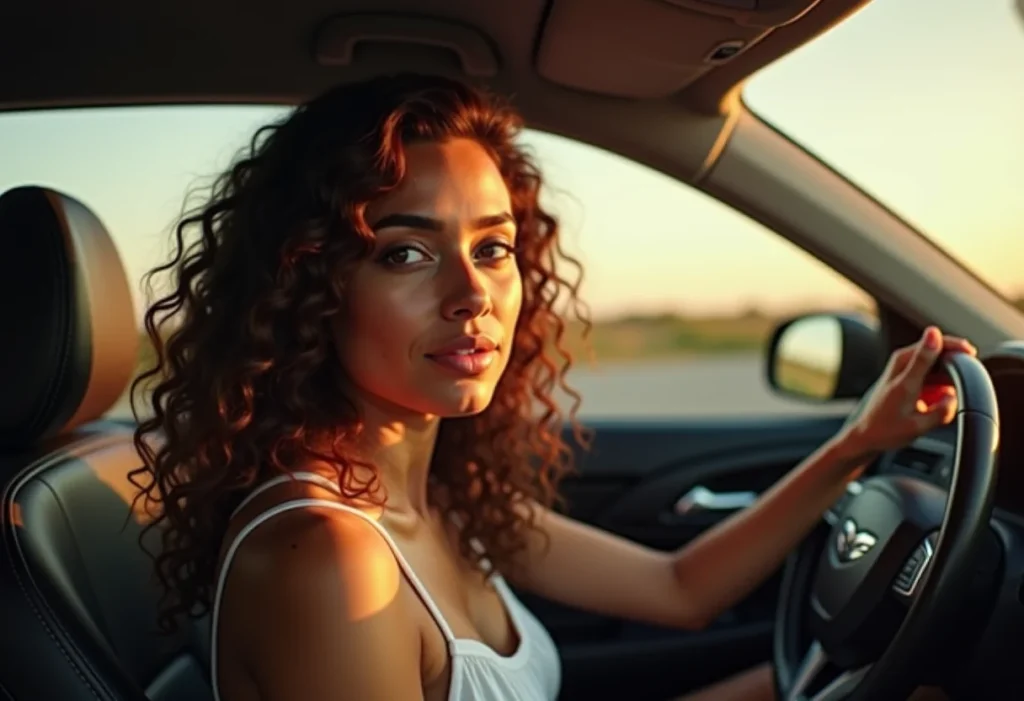 Mulher dirigindo com segurança em rodovia ensolarada.
