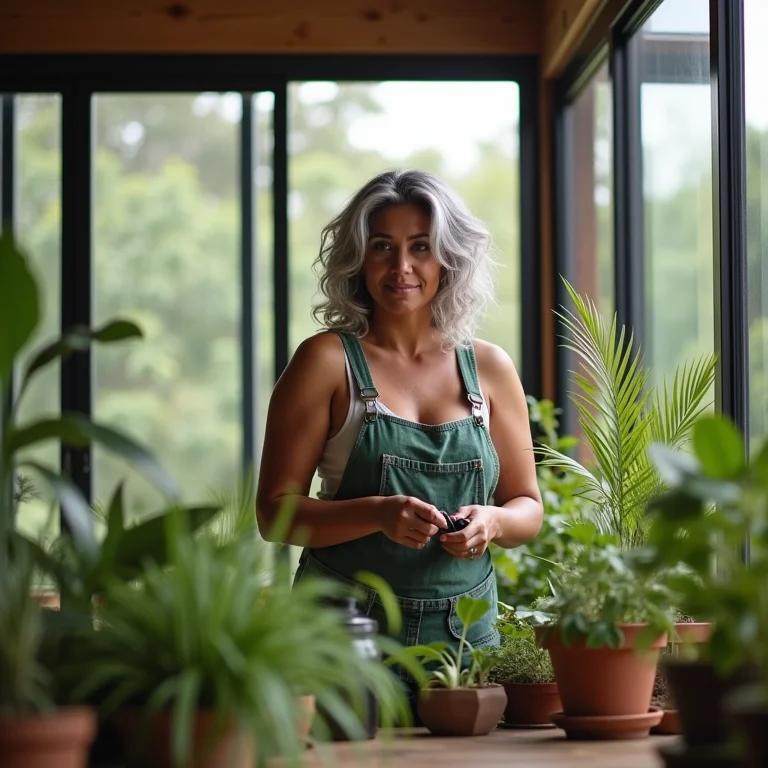 Mulher em casa sustentável de steel frame