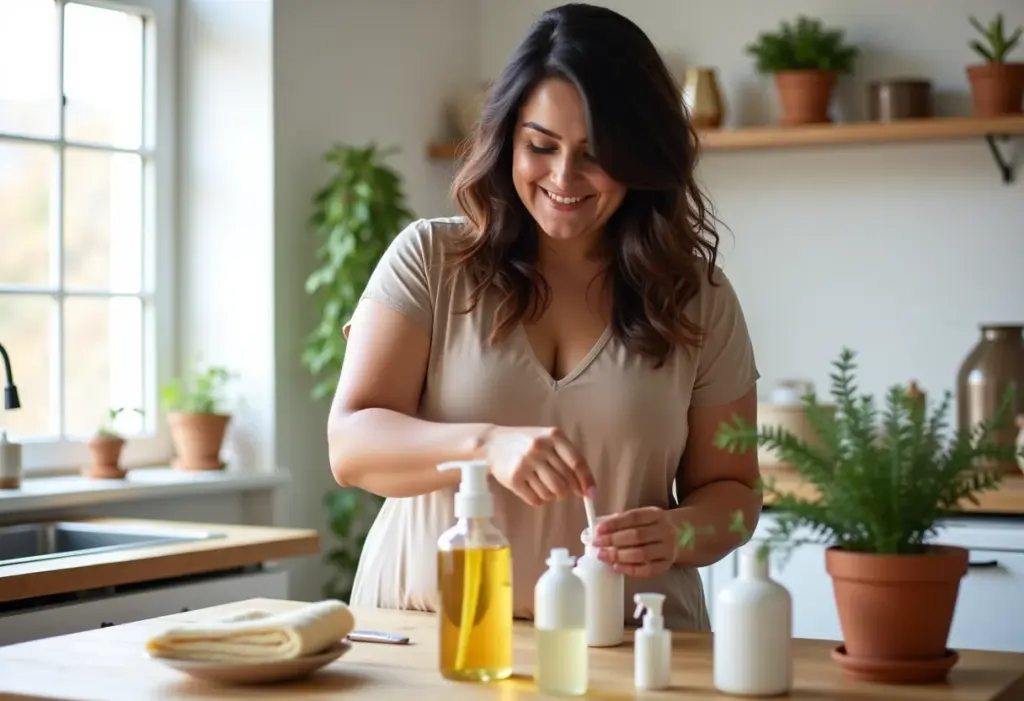Mulher empreendedora organiza seus produtos de limpeza artesanais para venda