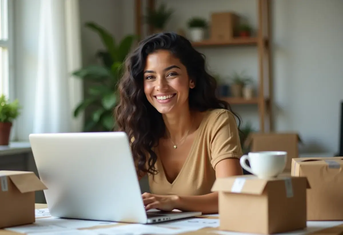 Mulher empreendedora trabalhando em casa com produtos do e-commerce