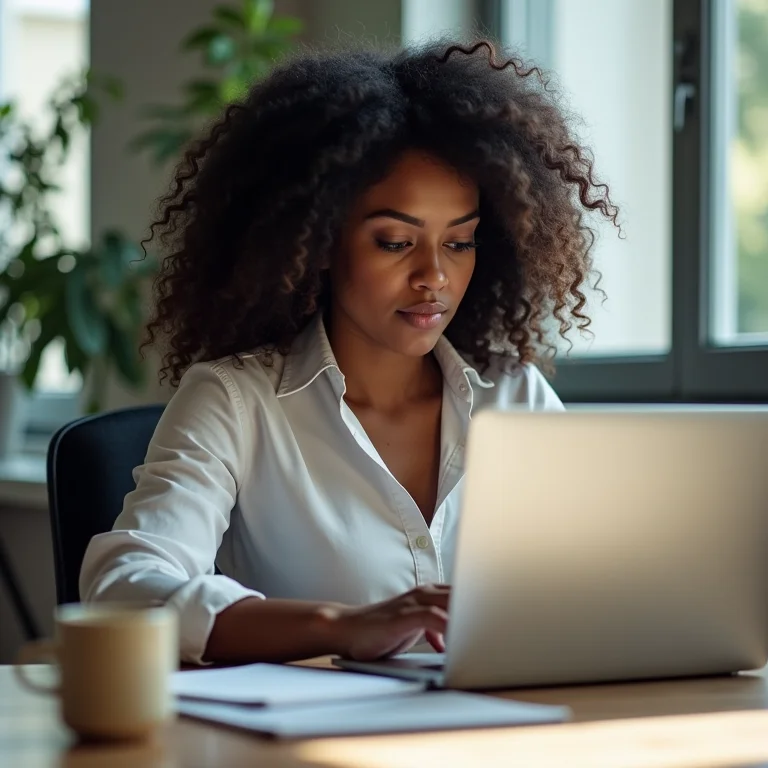 Mulher escrevendo descrição detalhada do carro no laptop.