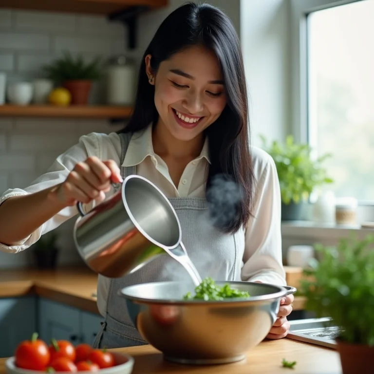 Mulher esterilizando vegetais com água fervente
