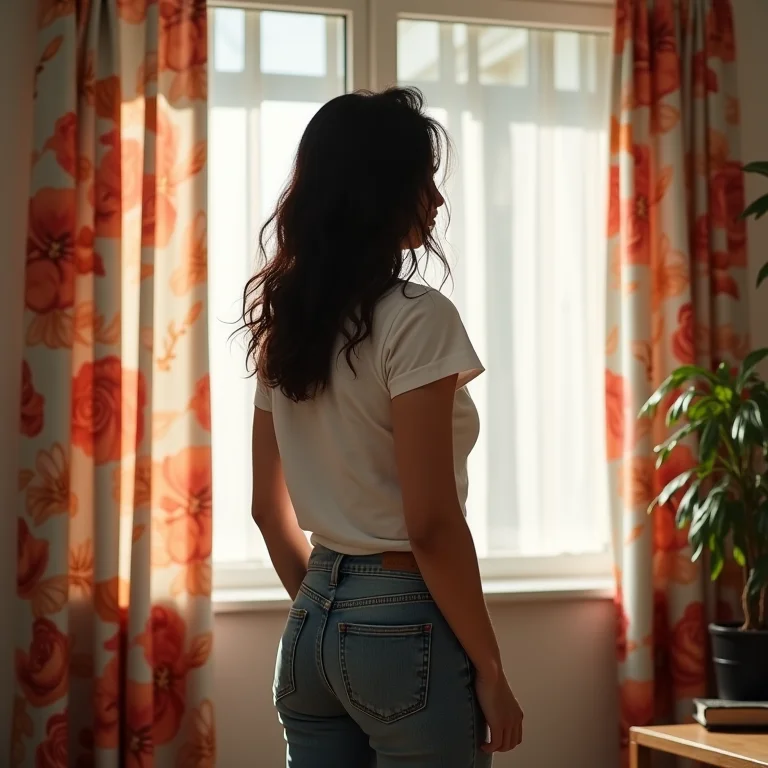 Mulher frustrada com cortinas estampadas em sala pequena