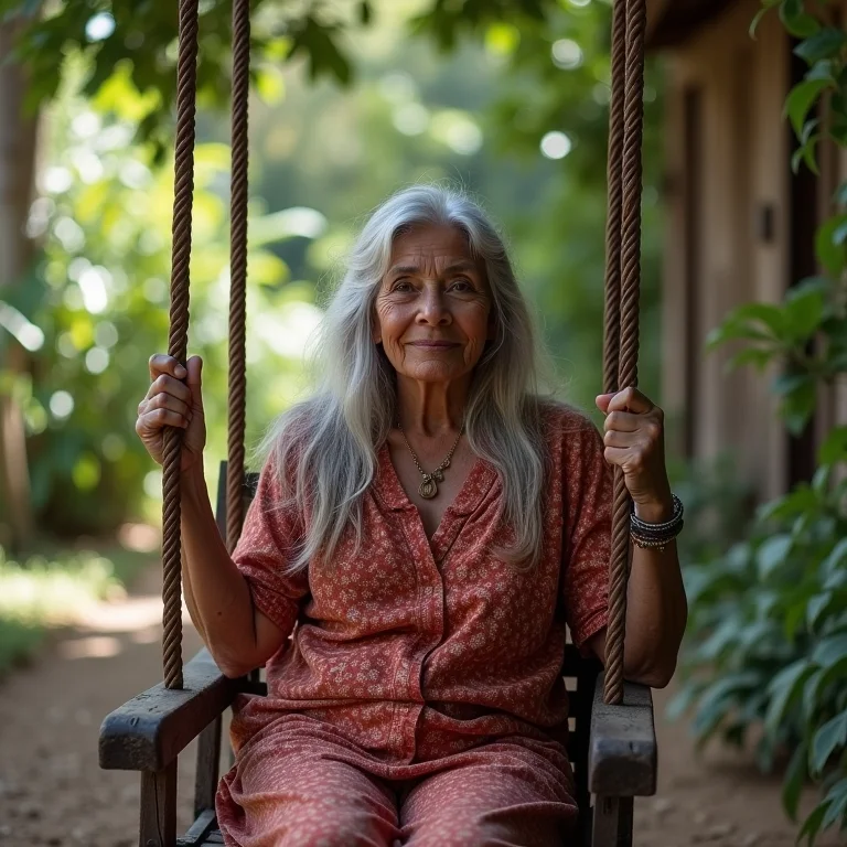 Mulher indígena balançando em um banco de madeira rústico em um jardim tranquilo.