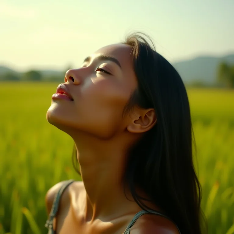 Mulher indígena brasileira admirando o céu ensolarado