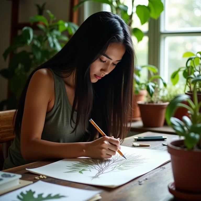 Mulher indígena brasileira desenhando plantas.