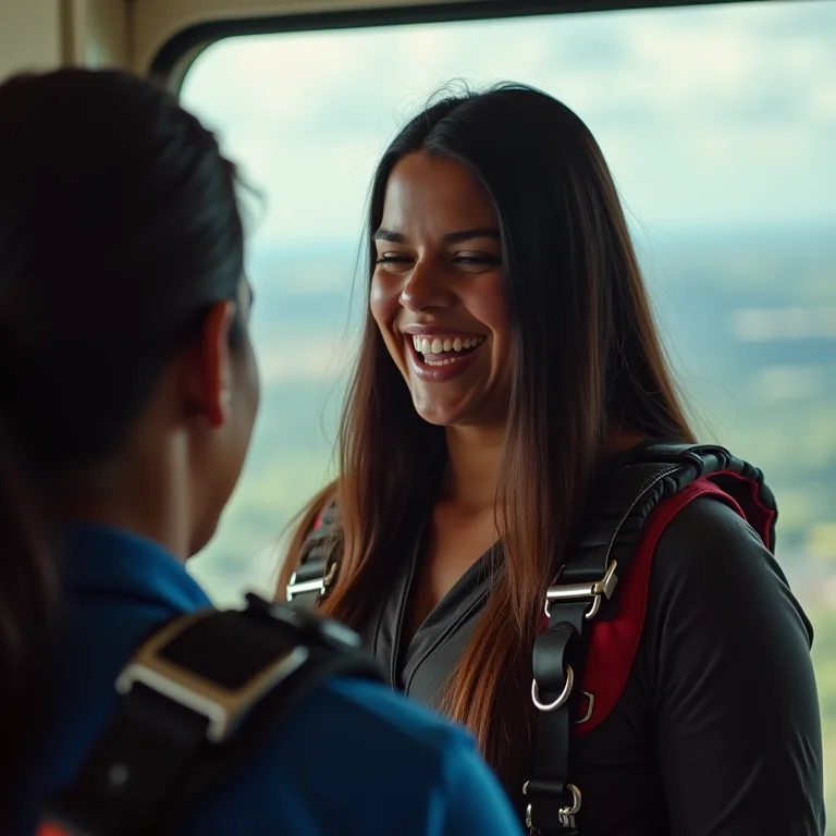 Mulher indígena brasileira plus-size praticando paraquedismo