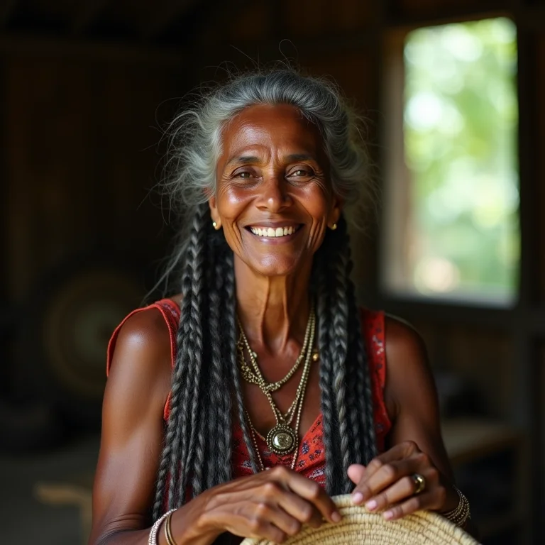 Mulher indígena brasileira sorrindo enquanto tece um cesto