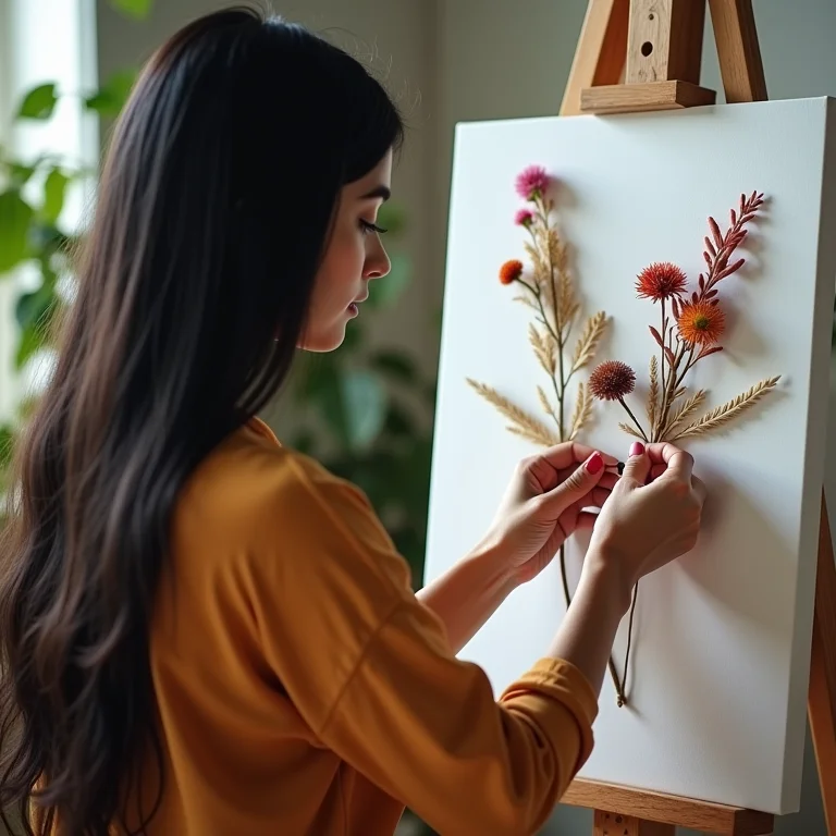 Mulher indígena criando um quadro com flores secas.