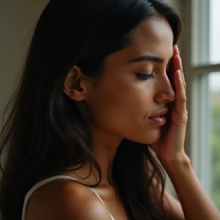 Mulher indígena massageando as têmporas