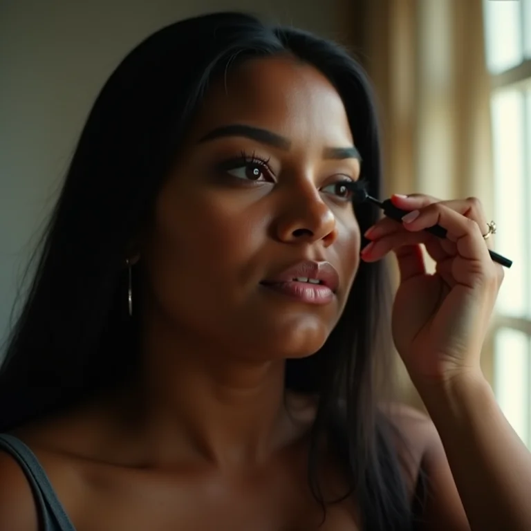 Mulher indígena plus-size aplicando máscara de cílios para um olhar poderoso
