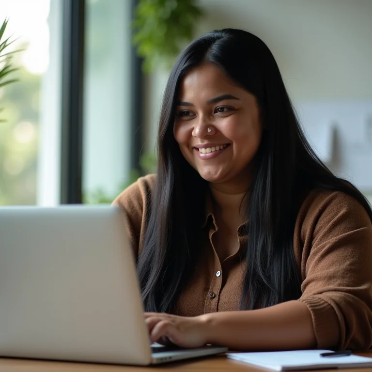 Mulher indígena plus-size trabalhando em um laptop