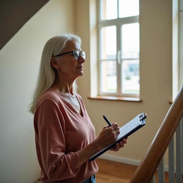 Mulher inspecionando a nova escadaria com prancheta na mão