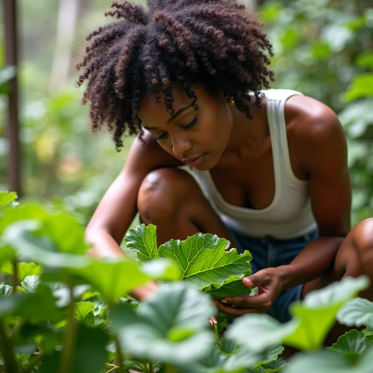 Mulher inspecionando folhas em busca de cochonilhas.