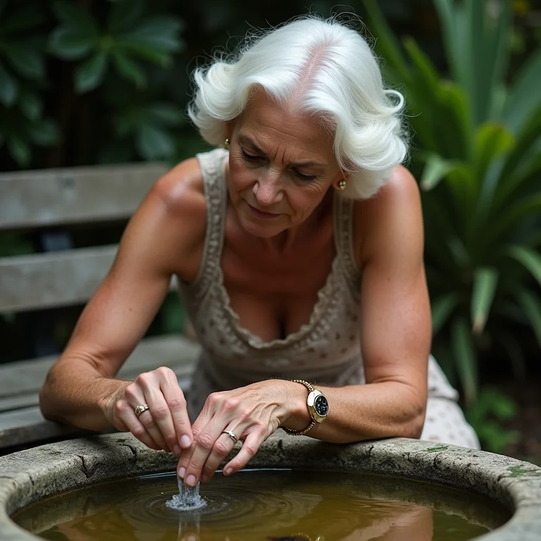 Mulher inspecionando rachadura em fonte antiga