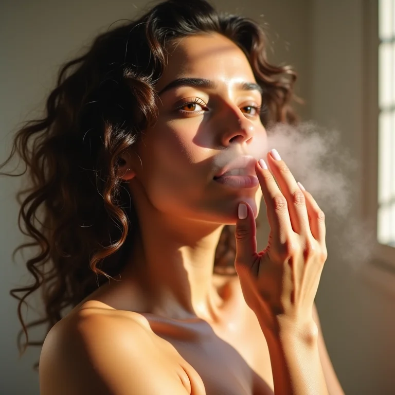 Mulher jovem aplicando água termal no rosto antes do hidratante