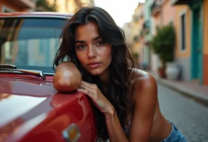 Mulher jovem e moderna admirando seu carro rebaixado.