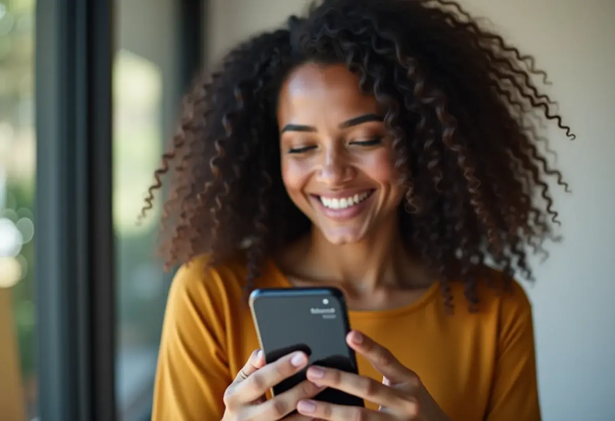 Mulher jovem e sorridente consulta saldo do FGTS no celular.