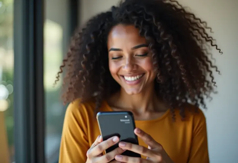 Mulher jovem e sorridente consulta saldo do FGTS no celular.